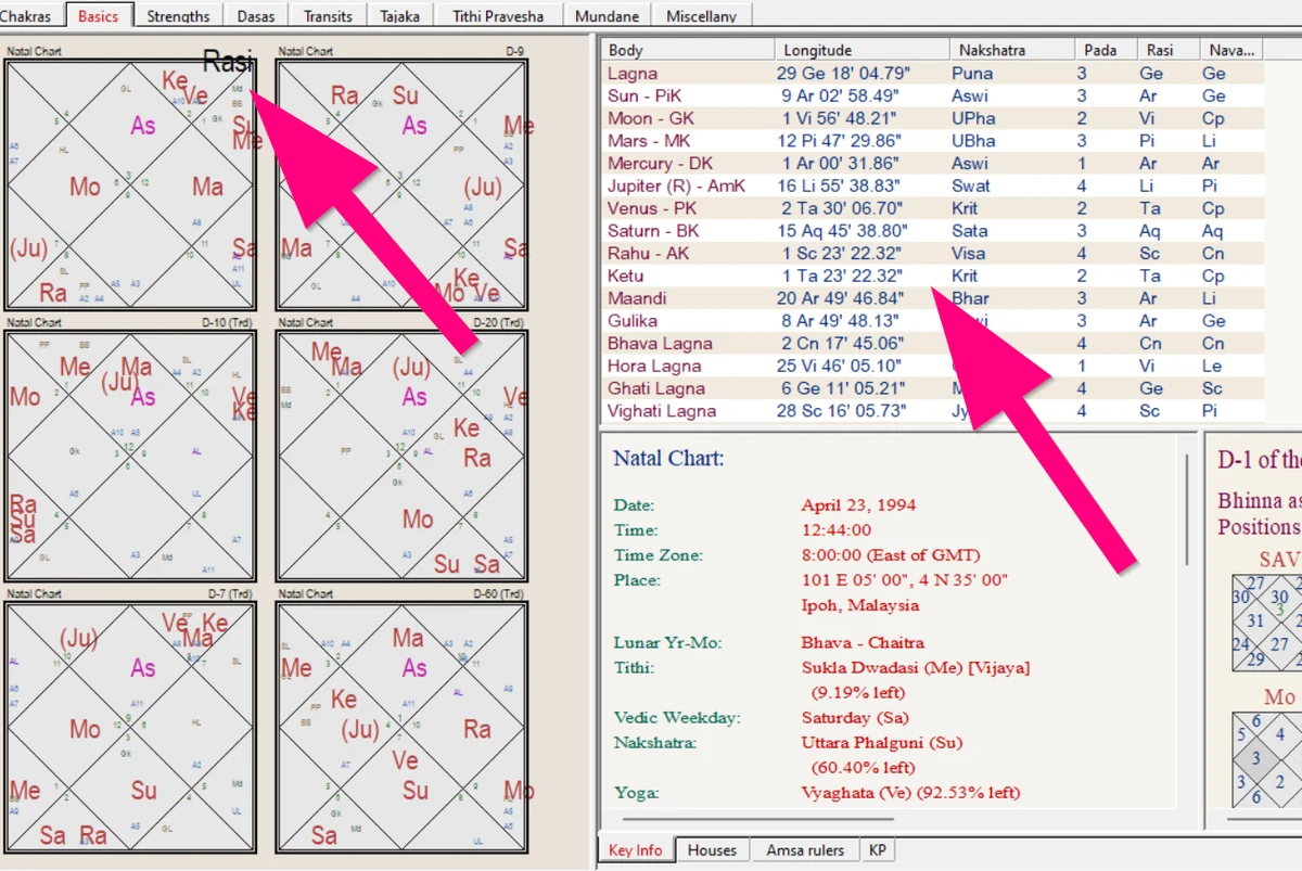 Jagannatha Hora Basics tab with arrows pointing to the natal Rasi chart and the planetary position table